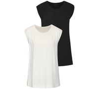 Shirttop LASCANA "mit Schulterraffung", Damen, Gr. 40/42, schwarz (schwarz, creme), Single Jersey, Obermaterial: 95% Viskose, 5% Elasthan, unifarben, Basic, figurumspielend normal, Rundhals, Tops Shir
