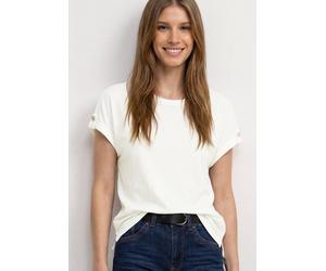 Shirttop STREET ONE, Damen, Gr. 34, sanftes weiß, Jersey, Obermaterial: 50% Baumwolle, 50% Modal, unifarben, hüftbedeckend, Rundhals, 1-Knopf-Manschette, Tops Shirttop, Sommershirt mit Rundhals und Kn
