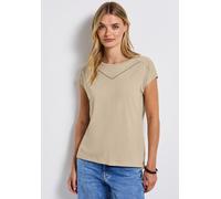 Shirttop STREET ONE, Damen, Gr. 36, coastal beige, Jersey, Obermaterial: 50% Baumwolle, 50% Modal, unifarben, regular fit taillenbedeckt, Rundhals, Tops Shirttop, mit Deko-Tape (27571460-36) coastal b