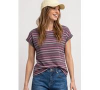 Shirttop STREET ONE, Damen, Gr. 36, grau (espresso braun), Jersey, Obermaterial: 80% Polyester, 20% Viskose, gestreift, bequem normal, Rundhals, Aufschlag, Tops Shirttop, Sommershirt mit überschnitten