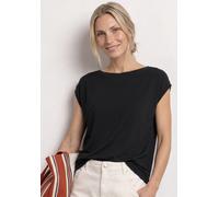 Shirttop STREET ONE, Damen, Gr. 36, schwarz, Jersey, Obermaterial: 50% Baumwolle, 50% Modal, unifarben, normal hüftbedeckend, U-Boot-Ausschnitt, Tops Shirttop, Sommershirt mit Raffung (59055828-36) sc