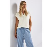 Poloshirt STREET ONE, Damen, Gr. 40, weiß (sanftes weiß), Stoff, 49% Viskose, 46% Polyester, 5% Elasthan, unifarben, casual, normal normal, hoch geschlossener Ausschnitt, ohne Ärmel abgesteppt, Shirts