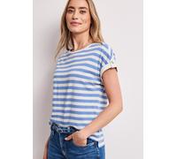 Shirttop STREET ONE, Damen, Gr. 42, blau (drift blau), Jersey, Obermaterial: 50% Baumwolle, 50% Modal, gestreift, normal hüftbedeckend, Rundhals, Aufschlag mit Knöpfen, Tops Shirttop, Sommershirt mit