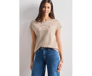Shirttop STREET ONE, Damen, Gr. 46, beige (clay sand), Jersey, Obermaterial: 50% Baumwolle, 50% Modal, Glitzermuster, bedruckt, normal hüftbedeckend, Rundhals, abgesteppte Kante, Tops Shirttop, Sommer