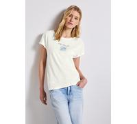 Shirttop STREET ONE, Damen, Gr. 46, weiß (sanftes weiß), Jersey, Obermaterial: 50% Baumwolle, 50% Modal, bedruckt, casual, hüftbedeckend, Rundhals, Kurzarm, Tops, mit Frontprint und Wording Artwork (4