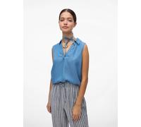 Shirttop VERO MODA "VMHARPER SL COLLAR SHORT TENCEL TOP GA", Damen, Gr. XS, medium blau denim, Web, Obermaterial: 100% Lyocell, unifarben, regular fit normal, V-Ausschnitt, Tops Shirttop, Viskose, reg