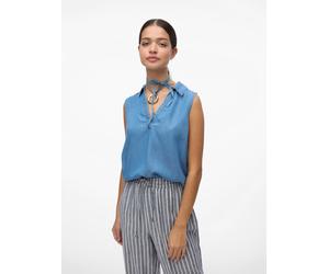 Shirttop VERO MODA "VMHARPER SL COLLAR SHORT TENCEL TOP GA", Damen, Gr. XS, medium blau denim, Web, Obermaterial: 100% Lyocell, unifarben, regular fit normal, V-Ausschnitt, Tops Shirttop, Viskose, reg