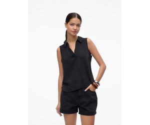 Shirttop VERO MODA "VMHARPER SL COLLAR SHORT TENCEL TOP GA", Damen, Gr. XS, schwarz denim, Web, Obermaterial: 100% Lyocell, unifarben, regular fit normal, V-Ausschnitt, Tops Shirttop, Viskose, regular