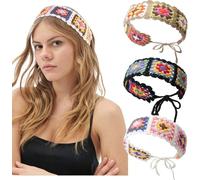Shixian Häkel-Stirnband für Damen, florales Haarband - 3 Stück, Gänseblümchen, elastisch, handgefertigt, gehäkelt, Boho-Strick-Stirnband für Damen und Mädchen (quadratisch (Schwarz + Beige + Khaki))