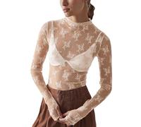 Shiyifa Damen-Langarm-Mesh-Top, sexy, Stehkragen, durchscheinende Bluse, florale durchsichtige Spitzen-Oberteile, Tief-Aprikose, Klein