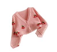 Shntig Modischer, ausgehöhlter Strickpullover mit 3D Kirschen für Damen, V Ausschnitt, Knopfleiste, langärmlig, verkürzter Cardigan, ausgehöhlter Strickpullover, Cardigan