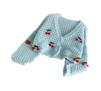 Shntig Modischer, ausgehöhlter Strickpullover mit 3D Kirschen für Damen, V Ausschnitt, Knopfleiste, langärmlig, verkürzter Cardigan, ausgehöhlter Strickpullover, Cardigan