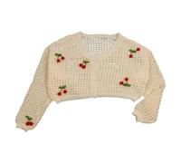 Shntig Modischer, ausgehöhlter Strickpullover mit 3D Kirschen für Damen, V Ausschnitt, Knopfleiste, langärmlig, verkürzter Cardigan, ausgehöhlter Strickpullover, Cardigan