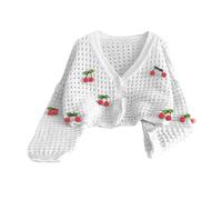 Shntig Modischer, ausgehöhlter Strickpullover mit 3D Kirschen für Damen, V Ausschnitt, Knopfleiste, langärmlig, verkürzter Cardigan, ausgehöhlter Strickpullover, Cardigan
