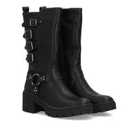 shoes&blues.es Damenstiefel im Militärstil mit hohem Schaft und vier verstellbaren Schnallen. Seitliche Metallringdetails mit Nieten. Dicke Sohle mit breitem Absatz. Ideal für den Winter., Schwarz