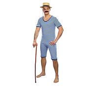 shoperama Nostalgischer Herren Ringel Badeanzug 20er 30er Jahre Gewichtheber Clown Artist Retro Historisch JGA, Farbe:Blau/Weiß, Größe:7/L