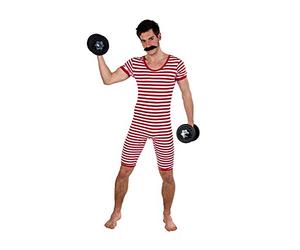 shoperama Nostalgischer Herren Ringel Badeanzug 20er 30er Jahre Gewichtheber Clown Artist Retro Historisch JGA, Farbe:Rot/Weiß, Größe:9/XXL