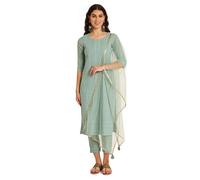 SHOPPING QUEEN Damen Seide Chikankari Kurta Hose Set mit Dupatta, Emrald Green, M