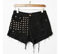 Shorts Damen,Damen-Jeansshorts Nieten Zerrissen Roh Ausgefranst Quastensaum Denim-Hosen Kurze Hotpants Sommer Dehnbare Jeans-Shorts Vintage Lässig Gewaschene Denim-Shorts Mit Patchwork-Taschen Schwa