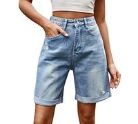 Shorts Damen, Jeans Damen Hohe Taille Knielang Jeans in Aged Waschung Hose Damen Basic Einfarbig Bermuda Shorts Hosen Denim Kurze Hose mit Taschen Lässige Sommer Hotpants Sommerhose