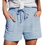 Shorts Damen Lässige Musselin Hose, Mode High Waist Kurze Hose Einfarbig Musselin Shorts Damen, Sommer Strandshorts Damen mit Taschen, Gerades Bein Lockere Sport Short mit Kordelzug Gummiband