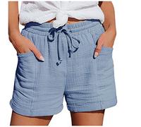 Shorts Damen Sommer, Women's 2025 Summer Linen Muslin Shorts Beach with Pockets Fashion Casual Fabric Trousers Leisure Stretch Straight Leg Drawstring Linen Trousers