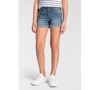 Shorts KANGAROOS "Jeans-Shorts mit Stretch für Mädchen", Mädchen, Gr. 146, N-Gr, blau (mid blau), Denim/Jeans, Obermaterial: 58% Baumwolle, 40% Polyester, 2% Elasthan, washed, Basic schmal kurz, Hosen