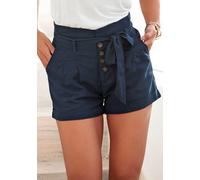 Shorts LASCANA, Damen, Gr. 40, N-Gr, blau (marine), Web, Obermaterial: 58% Viskose, 28% Baumwolle, 14% Leinen, modisch, figurumspielend kurz, Hosen Shorts Strandshorts, und Knopfleiste, kurze Hose, Le