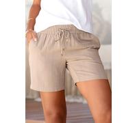 Shorts LASCANA, Damen, Gr. 36, N-Gr, beige (sand), Web, Obermaterial: 58% Viskose, 28% Baumwolle, 14% Leinen, figurumspielend ca. Mitte Oberschenkel, Hosen Shorts, aus Leinenmix mit Taschen, Leinenhos