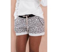 Shorts LASCANA, Damen, Gr. 40/42, N-Gr, beige (beige, schwarz), Sweatware, Obermaterial: 60% Baumwolle, 40% Polyester, gemustert, bedruckt, casual, bequem kurz, Hosen, mit Rippbündchen und Umschlagsau