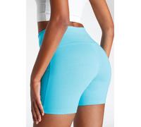 Shorts LASCANA, Damen, Gr. 40/42, N-Gr, blau (türkis), Single Jersey, Obermaterial: 95% Baumwolle, 5% Elasthan, unifarben, Basic, kurz, Hosen, mit breitem Bündchen und Logodruck, Loungewear (91175749-
