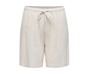 Shorts ONLY CARMAKOMA "CARSIESTA MW PULL-UP LIN BL SHORTS NOOS", Damen, Gr. 44, N-Gr, beige (moonbeam), Web, Obermaterial: 80% Viskose, 20% Leinen, unifarben, loose fit ca. Mitte Oberschenkel, Hosen S