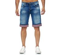 Shorts RUSTY NEAL "Satto", Herren, Gr. M, EURO-Größen, blau (jeansblau), 98% Baumwolle, 2% Elasthan, unifarben, Hosen Shorts, mit kariertem Umschlag (30992232-M) jeansblau