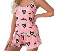 Shorts-Set für Damen mit Herzdruck, 2-teilig, Sommer, Nachtwäsche, ärmellos, Spaghettiträger, sexy Dessous, Camisole Pyjama-Set, für Damen, Mädchen, Sommer, weich zu tragen und bequem, rot, 42
