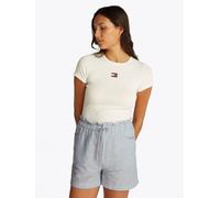 Shorts TOMMY JEANS "TJW COTTON LINEN SHORT", Damen, Gr. M (38), N-Gr, blau (colorado blau, stripe), Web, Obermaterial: 75% Baumwolle, 25% Leinen, gestreift, normal kurz, Hosen Shorts, mit Rüsche (7454