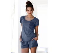 Shorty ARIZONA Gr. 52/54, blau (jeans, meliert) Damen Homewear-Sets Pyjamas meliert mit Rundhalsausschnitt Brusttasche (223054-52)