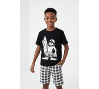 Shorty BONPRIX, Jungen, Gr. 152/158, schwarz (schwarz, weiß), Obermaterial: 100% Baumwolle, bedruckt, Basic normal, Rundhals, Homewear-Sets Shorty, lockere Passform, aus Baumwolle (58222907-152) schwa