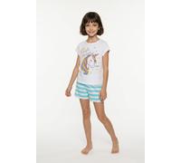 Shorty BONPRIX, Mädchen, Gr. 164/170, aqua, weiß, Obermaterial: 100% Baumwolle, Homewear-Sets Shorty, vierteiliger Shorty-Pyjama, zwei T-Shirts mit Druck, aus Baumwolle (66658116-164) aqua, weiß