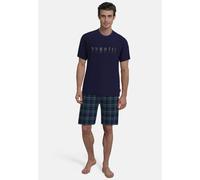 Shorty BUGATTI, Herren, Gr. 52, blau, dunkel, karo, Single Jersey, Obermaterial: 100% Baumwolle, bequem kurz, Rundhals, gerader Abschluss, Homewear-Sets Shorty, Kurzarm, Rundhalsausschnitt, kurze Hose