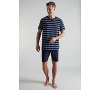 Shorty BUGATTI, Herren, Gr. 58, blau (blau, dunkel, ringel), Single Jersey, Obermaterial: 60% Baumwolle, 40% Polyester, bequem kurz, Rundhals, gerader Abschluss, Homewear-Sets Shorty, Kurzarm, Rundhal