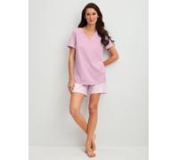 Shorty CALIDA "Blooming Nights", Damen, Gr. L (48/50), fragrant lila, Single Jersey, Obermaterial: 100% Baumwolle, bequem kurz, V-Ausschnitt, Homewear-Sets Shorty, Hose geblümt, Oberteil uni, V-Aussch