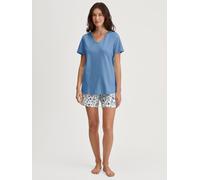 Shorty CALIDA "Blooming Nights", Damen, Gr. S (40/42), blau (riviera blau), Single Jersey, Obermaterial: 100% Baumwolle, bequem kurz, V-Ausschnitt, Homewear-Sets Shorty, Hose geblümt, Oberteil uni, V-
