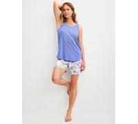 Shorty CALIDA "Coastal Dreams", Damen, Gr. XS (36/38), blau (persian jewel), Interlock, Obermaterial: 100% Baumwolle, bequem kurz, Rundhals, Homewear-Sets Shorty, mit Rundhalsausschnitt, floraler Prin