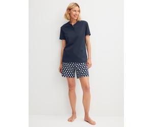 Shorty CALIDA "Daylight Dreams", Damen, Gr. XS (36/38), peacoat blau, Interlock, Obermaterial: 100% Baumwolle, bequem kurz, Rundhals, Homewear-Sets Shorty, mit Rundhalsausschnitt und kleiner Knopfleis