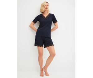 Shorty CALIDA "Elegant Dreams", Damen, Gr. S (40/42), schwarz lapis blau, Single Jersey, Obermaterial: 95% Modal (TENCEL™), 5% Elasthan, comfort fit kurz, V-Ausschnitt, Spitzenkante, Homewear-Sets Sho