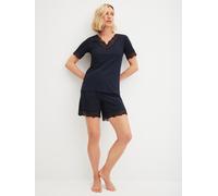 Shorty CALIDA "Elegant Dreams", Damen, Gr. XS (36/38), schwarz lapis blau, Single Jersey, Obermaterial: 95% Modal (TENCEL™), 5% Elasthan, comfort fit kurz, V-Ausschnitt, Spitzenkante, Homewear-Sets Sh