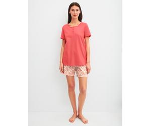 Shorty CALIDA "Flower Nights", Damen, Gr. L (48/50), rose of sharon, Single Jersey, Obermaterial: 100% Baumwolle, bequem kurz, Rundhals, Homewear-Sets Shorty, mit Rundhalsausschnitt, Kurzarm und geblü