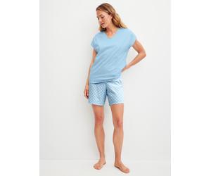 Shorty CALIDA "Lovely Nights", Damen, Gr. L (48/50), cascade blau, Single Jersey, Obermaterial: 100% Baumwolle, bequem kurz, V-Ausschnitt, Homewear-Sets Shorty, mit V-Ausschnitt und kurzen Ärmeln, wei