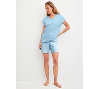 Shorty CALIDA "Lovely Nights", Damen, Gr. S (40/42), cascade blau, Single Jersey, Obermaterial: 100% Baumwolle, bequem kurz, V-Ausschnitt, Homewear-Sets Shorty, mit V-Ausschnitt und kurzen Ärmeln, wei