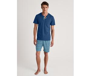 Shorty CALIDA "Relax Imprint 1", Damen, Gr. S (46/48), blau (pottery blau), Single Jersey, Obermaterial: 100% Baumwolle, bequem kurz, Serafino, Homewear-Sets Shorty, Relaxter Schnitt (39524410-S)